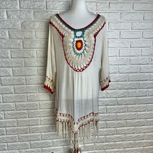 VENUS Bohemian Linen Cream Swim Cover with Red and Teal Crochet Accents